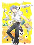  aogami_pierce blue_hair book eraser glue male_focus pen school_uniform scissors shoes smile solo to_aru_majutsu_no_index tombow_mono zoff_(daria) 