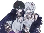  1boy 1girl alternate_costume anger_vein arm_around_another's_back black_eyes black_hair blue_eyes breasts buttons chest_sarashi cleavage collared_shirt commentary commission commissioner_upload couple faust_(project_moon) fur_collar fur_scarf fur_trim highres hug limbus_company medium_breasts medium_hair middle_(identity)_(project_moon) midriff multiple_chains multiple_tattoos ooojiyu8oo open_mouth project_moon sarashi shaded_face shirt short_hair simple_background surprised toned toned_female toned_male upper_body white_background white_hair yi_sang_(project_moon) 