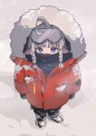  1girl absurdres ahoge bandana black_bandana black_boots black_gloves black_pants blonde_hair blue_eyes boots braid braided_sidelocks capyodeart coat commentary elf english_commentary foreshortening from_above full_body fur-trimmed_hood fur_trim gloves highres hood hood_up hooded_coat indie_virtual_youtuber long_hair long_sleeves looking_at_viewer lyydia_(sunako) mask mouth_mask pants pointy_ears red_coat sidelocks snowing solo standing virtual_youtuber winter winter_clothes winter_coat 
