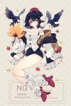  1girl alternate_costume bird black_bird black_shorts breasts brown_hair closed_mouth commentary_request crow full_body geta hat hauchiwa highres jacket leg_warmers looking_at_viewer medium_hair nikorashi-ka open_clothes open_jacket pom_pom_(clothes) red_eyes red_hat red_shoes shameimaru_aya shirt shoes shorts small_breasts smile solo strapless strapless_shirt tengu-geta thighs tokin_hat touhou watermark watermark_grid white_leg_warmers white_shirt 