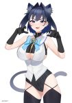  1girl absurdres animal_ears blue_eyes blue_hair breasts cat_ears cat_tail clothing_cutout gloves gototo_touma hair_intakes heart-shaped_gem highres hololive hololive_english leotard ouro_kronii ouro_kronii_(1st_costume) pinstripe_pattern pinstripe_shirt shirt solo tail thighhighs underboob_cutout 