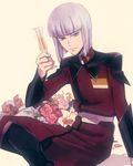  alcohol arm_support bad_id bad_pixiv_id blue_eyes boots bouquet champagne flower glass gundam gundam_seed male_focus military military_uniform mitsu_taro petals silver_hair solo uniform yzak_joule 