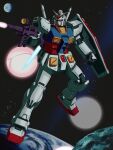  absurdres arm_shield asteroid beam_rifle commentary cumgyattler_v earth_(planet) energy_gun exhaust explosion firing full_body green_eyes gun gundam highres holding holding_gun holding_weapon mecha mecha_focus mobile_suit mobile_suit_gundam no_humans planet robot rx-78-2_gundam science_fiction solo space star_(sky) thrusters v-fin weapon 