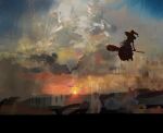  1girl absurdres broom broom_riding cloud cloudy_sky commentary_request flying hat highres kirisame_marisa morning onion_(onion_and_pi-natto) outdoors scenery silhouette sky solo sun touhou witch_hat 