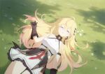  1girl ahoge bare_shoulders black_gloves blonde_hair breasts clothing_cutout earrings field flower gloves grass highres jewelry large_breasts long_hair miniskirt navel_cutout noya_(stella_sora) official_art on_ground open_mouth shirt skirt sleeping sleeveless solo stella_sora third-party_source white_flower white_shirt white_skirt 
