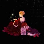  2girls back backless_dress backless_outfit bare_back bare_shoulders beatrice_(umineko) bell_jar black_background black_corset black_dress blonde_hair brown_dress brown_hair bug butterfly commentary_request corset crown dark_background dress flower formal_clothes frilled_dress frilled_sleeves frills glass glowing golden_butterfly gothic_lolita hair_bun highres holding holding_smoking_pipe kiseru layered_dress leaning light_particles lolita_fashion looking_at_viewer mini_crown multiple_girls oreo86011490 profile puffy_sleeves purple_eyes red_dress red_flower red_rose red_shoes rose shoes short_hair simple_background sitting sketch smoking smoking_pipe socks umineko_no_naku_koro_ni updo ushiromiya_maria white_socks 