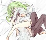  1boy 1girl artist_request bad_source c.c. code_geass green_hair hug lelouch_vi_britannia long_hair on_bed shirt sleeping source_request underwear white_shirt 