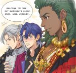  3boys aalto_(wuthering_waves) autumn-sacura blue_eyes blue_hair blush cinnamon_stick commentary crossover dark-skinned_male dark_skin earrings english_commentary english_text fire_emblem fire_emblem:_fortune's_weave girl_staring_at_guy's_chest_(meme) glint gold_necklace green_hair honkai:_star_rail honkai_(series) jewelry large_pectorals long_hair looking_at_pectorals male_focus meme multiple_boys necklace pectoral_cleavage pectorals sampo_koski speech_bubble tacet_mark_(wuthering_waves) talimun_vandahl web_address wuthering_waves 