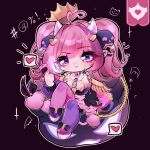  1girl achiiri ahoge asymmetrical_legwear cellphone chibi clothing_cutout crown demon_girl demon_horns flip_phone hair_ornament heart heart_ahoge heart_cutout heart_in_eye highres horns indie_virtual_youtuber ironmouse ironmouse_(8th_anniversary) mismatched_legwear mismatched_thighhighs multicolored_hair necktie phone pink_hair pink_skirt pink_thighhighs purple_eyes purple_hair purple_necktie purple_streaks purple_thighhighs skirt skull_hair_ornament solo streaked_hair symbol_in_eye thighhighs twintails virtual_youtuber white_horns 