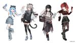  4girls akane_lize animal_ears arahashi_tabi arm_warmers armpits black_boots black_garter_straps black_hair black_hat black_pantyhose black_shoes black_skirt black_thighhighs blonde_hair blue_eyes blue_hair boots cat_ears cat_girl cat_tail closed_mouth commentary_request extra_ears full_body garter_straps grey_eyes grey_hair grey_leg_warmers grey_skirt hat highres korean_commentary leg_warmers long_hair long_sleeves looking_at_another looking_at_viewer midriff mole mole_on_cheek multicolored_hair multiple_girls neneko_mashiro official_art one_eye_closed open_mouth pantyhose planetzer_0 red_eyes red_hair red_shirt red_socks shirayuki_hina shirt shoes simple_background skirt smile socks standing standing_on_one_leg stellive striped_arm_warmers striped_clothes striped_shirt striped_thighhighs sweater tail thighhighs torn_clothes torn_pantyhose very_long_hair virtual_youtuber white_background white_hair white_leg_warmers white_shirt white_shoes white_thighhighs zettai_ryouiki 