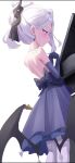  1girl bare_back black_horns blue_archive blush commentary_request demon_girl demon_horns demon_wings dress earrings elbow_gloves evening_gown feet_out_of_frame floating_earrings from_side gloves grand_piano happy highres hina_(blue_archive) hina_(dress)_(blue_archive) horns instrument jewelry long_hair looking_at_object mixjuice multiple_horns necklace official_alternate_costume official_alternate_hairstyle pantyhose pearl_necklace piano purple_dress purple_eyes purple_gloves purple_pantyhose purple_wings simple_background smile solo strapless strapless_dress white_background white_hair wings 