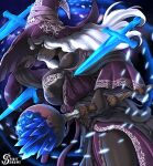  1girl absurdres black_skin breasts colored_skin commentary cryokinesis dark-skinned_female dark_skin dress elden_ring elden_ring_nightreign english_commentary from_below from_side hat highres large_breasts large_hat long_hair purple_dress purple_hat purple_sleeves recluse_(elden_ring) red_eyes solo spiritdraws very_dark_skin white_hair witch_hat 