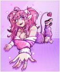  1girl absurdres ahoge bandaid bandaid_hair_ornament bone_hair_ornament breasts button_hair_ornament candy_hair_ornament cleavage decora demon_girl demon_horns facial_mark fangs fishnet_top fishnets food-themed_hair_ornament hair_ornament heart heart_ahoge heart_facial_mark heart_hair_ornament highres horns ironmouse ironmouse_outfit_art_contest jewelry large_breasts leg_warmers lollipop_hair_ornament long_hair looking_at_viewer multicolored_hair pajamas pichikeen pink_hair pink_leg_warmers pointy_ears purple_eyes purple_hair purple_leg_warmers purple_pajamas purple_streaks ring sandals skull_hair_ornament solo spiked_thigh_strap star_(symbol) star_facial_mark strawberry_hair_ornament streaked_hair two-tone_pajamas virtual_youtuber vshojo white_horns 