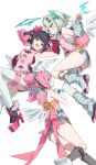  3girls absurdres angels_of_delusion aqua_streaks aria_(human)_(cuteness_loading)_(zenless_zone_zero) aria_(human)_(zenless_zone_zero) aria_(zenless_zone_zero) arm_warmers armband awe_(adorableduckyy) bag bare_shoulders black_choker black_hair block_heels blue_eyes bow camisole character_print choker collarbone from_side green_arm_warmers green_camisole green_eyes green_hair green_nails hair_intakes hair_ornament hairclip highres looking_at_another multicolored_hair multiple_girls multiple_hairclips nangong_yu nangong_yu_(heartfelt_support) official_alternate_costume open_mouth pink_bag pink_hair pink_nails pink_shirt red_arm_warmers red_eyes red_nails scrunchie self_character_print shirt short_twintails shorts simple_background smile streaked_hair striped_arm_warmers sunna_(delusions_in_business)_(zenless_zone_zero) sunna_(zenless_zone_zero) sweat too_many_bows twintails white_background white_wings wings wrist_scrunchie zenless_zone_zero 