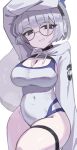  1girl bare_legs black_choker blue_archive blue_halo breasts cetacean_tail choker cleavage commentary_request covered_navel curvy fins fish_tail glasses grey_eyes halo headphones highleg highleg_one-piece_swimsuit highres kotone_(blue_archive) large_breasts looking_at_viewer metronomechan navel one-piece_swimsuit orca_girl partial_commentary round_eyewear short_hair shrug_(clothing) simple_background smile solo swimsuit tail teeth thick_thighs thigh_strap thighs two-tone_one-piece_swimsuit white_background white_hair white_one-piece_swimsuit white_shrug wide_hips 