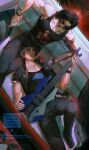  2boys absurdres black_hair black_pants black_tank_top cigarette cyberpunk_(series) cyberpunk_2077 dog_tags english_text facial_hair guitar highres holding holding_cigarette holding_guitar holding_instrument instrument johnny_silverhand kerry_eurodyne lap_pillow lying male_focus mechanical_arms multiple_boys mustache on_back pants rouqiuxiaogaihh single_mechanical_arm sitting sunglasses tank_top yaoi 