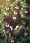  >_< 6+girls :< :3 :d :o @_@ @~@ absurdres animal_ear_fluff animal_ears black_dress black_hair commentary dress eating family_time_(game) fang flower food grass highres holding holding_food hug long_hair looking_at_viewer lying mef_ni mother_and_child mother_and_daughter multiple_girls outdoors parent_and_child skin_fang smile tail too_many_children torn_clothes torn_dress white_eyes white_flower wolf_ears wolf_girl wolf_mama_(family_time) wolf_tail 