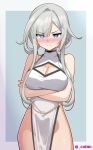  1girl absurdres arms_under_breasts artist_name bare_arms bare_legs bare_shoulders blue_eyes blush breasts butterfly_hair_ornament chain chenki_(chenki) cleavage cleavage_cutout clothing_cutout commentary cowboy_shot crossed_arms dress english_commentary eyes_visible_through_hair frown grey_hair groin hair_ornament hairclip highres large_breasts long_sidelocks looking_at_viewer mole mole_on_breast no_panties nose_blush paid_reward_available phase_connect see-through_clothes see-through_dress side_slit sidelocks simple_background single_hair_intake sleeveless sleeveless_dress solo sweat twitter_username virtual_youtuber white_dress wilhelmina_frost 
