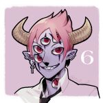  1boy barbell_piercing black_necktie border captive_bead_ring choppy_bangs collared_shirt colored_skin commentary_request cross cross_earrings demon_boy demon_horns ear_piercing earrings extra_eyes grin hoop_earrings horns jewelry looking_at_viewer loose_necktie male_focus mameda_toofu multiple_piercings necktie parted_bangs piercing pink_background pink_skin pointy_ears portrait purple_skin red_eyes red_hair sharp_teeth shirt silver_earrings simple_background smile solo star_vs_the_forces_of_evil stud_earrings teeth tom_lucitor twitter_username white_border white_shirt 
