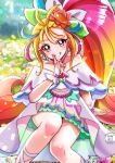  absurdres ahoge brooch capelet commentary_request cure_summer cure_summer_(excellen-tropical_style) dress earrings feet_out_of_frame finger_to_mouth floral_background flower frilled_skirt frills green_eyes hair_ornament high_ponytail highres impossible_hair jewelry lens_flare magical_girl midriff momotarouooi multicolored_hair natsuumi_manatsu non-circular_lens_flare off-shoulder_dress off_shoulder outdoors pink_skirt ponytail precure rainbow_hair shell_brooch sitting skirt sun_hair_ornament triangle_earrings tropical-rouge!_precure white_capelet white_overskirt white_wrist_cuffs wrist_cuffs 