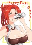  1girl beer_can breasts brown_tube_top can cleavage commentary_request drink_can drinking drunk gotointhepark happy_birthday holding holding_can honkai_(series) honkai_impact_3rd large_breasts long_hair murata_himeko murata_himeko_(battle_storm) red_hair shirt simple_background solo squeans strapless tube_top white_shirt 
