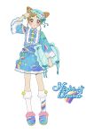  1girl absurdres aikatsu! aikatsu!_(series) arisugawa_otome blue_bow blue_dress bow bracelet brown_eyes brown_hair commentary_request cone_hair_bun double_bun dress dress_bow full_body hair_bun highres holding holding_pillow jewelry looking_at_viewer pillow rainbow_print short_hair simple_background sleep_mask sleepwear slippers socks solo standing white_background white_socks yamaguchi_haruka_(tenpiboshi) 