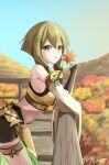  1girl against_railing animal_ears anmo_nomi artist_name blonde_hair breasts bridal_gauntlets commentary_request crop_top detached_sleeves duel_monster green_eyes green_hair holding holding_leaf hu-li_the_jewel_mikanko leaf long_sleeves medium_breasts midriff navel outdoors pelvic_curtain railing short_hair_with_long_locks shorts solo yu-gi-oh! 