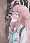  1boy 1girl ahoge bar_censor blue_archive blue_eyes blue_necktie blush breath censored clothed_female_nude_male commentary embarrassed hair_between_eyes hair_intakes halo hetero heterochromia highres hoshino_(blue_archive) huge_ahoge large_penis long_hair long_sleeves looking_at_penis loving_aura necktie nemumuchan nose_blush nude open_mouth penis pink_hair pink_halo school_uniform shirt solo_focus surprised tactical_school_uniform upper_body white_shirt yellow_eyes 