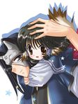  1girl animal_ears aruruw azumaki-shippo black_hair brown_eyes carrying dog_ears hakuoro hug japanese_clothes long_hair tail utawareru_mono 