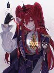  1girl aiguillette ascot black_gloves closed_mouth collared_shirt commentary_request cup drinking_glass gloves hair_between_eyes highres honkai:_star_rail honkai_(series) jacket lapels long_hair nukoxx_02 obsidian_(honkai:_star_rail) pink_lips red_eyes red_hair shirt solo tiara twintails upper_body vest waistcoat white_background white_shirt wine_glass 