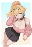  1girl absurdres animal_collar black_choker black_skirt blonde_hair blue_eyes bra_strap breasts choker cleavage collar commentary english_commentary eyewear_on_head glasses hair_ornament hair_scrunchie highres huge_breasts large_breasts long_hair looking_at_viewer mario_(series) melowh miniskirt off-shoulder_sweater off_shoulder open_mouth pendant_choker pink_scrunchie pink_sweater pleated_skirt ponytail princess_peach scrunchie skirt solo sweater wide_hips 
