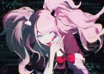  1girl bear_hair_ornament big_hair binary black_background black_shirt blonde_hair blood blue_eyes bow breasts cleavage collarbone colored_blood commentary_request danganronpa_(series) danganronpa_2:_goodbye_despair enoshima_junko glitch hair_ornament highres htpny lace_trim long_hair looking_at_viewer nail_polish necktie pink_blood red_bow red_nails shirt shirt_bow skirt sleeves_rolled_up smile solo tongue tongue_out twintails two-tone_necktie white_necktie 