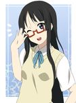  akiyama_mio bespectacled black_eyes black_hair face glasses ikari_manatsu k-on! long_hair nodoka_glasses one_eye_closed red-framed_eyewear school_uniform semi-rimless_eyewear solo under-rim_eyewear 