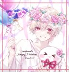  1boy 2022 aegyo_sal balloon barcode barcode_tattoo border character_name commentary_request crew_neck dated doily dot_nose double-parted_bangs eyes_visible_through_hair facial_tattoo flower hair_between_eyes happy_birthday head_wreath highres holding holding_balloon indie_utaite looking_at_viewer mafumafu mafuteru male_focus mochiii-s pink_flower pink_rose red_border red_eyes rose shirt short_hair simple_background smile solo tattoo teruterubouzu upper_body utaite white_background white_flower white_hair white_rose white_shirt 