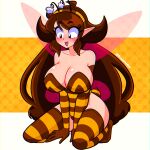  1girl antennae arthropod_girl artist_name bare_shoulders bee_costume bee_girl bee_tail bee_wings black_eyes blush breasts brown_hair brown_leotard cleavage collarbone commentary covered_navel curvy elbow_gloves english_commentary fake_antennae gloves hairband highres insect_wings large_breasts leotard long_hair long_pointy_ears multicolored_hairband multicolored_leotard multicolored_thighhighs open_mouth original pointy_ears simple_background solo striped_clothes striped_gloves striped_leotard susie_(susiehatter) susie_hatter thighhighs twitter_username two-tone_hairband two-tone_leotard two-tone_thighhighs very_long_hair wide_hips wings yellow_leotard 
