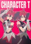  2girls :d :o ahoge bare_shoulders black_dress character_t_(utau) cowboy_shot double-parted_bangs dress drill_hair dual_persona egh_(ssquan) gloves grid_background hair_between_eyes heart highres holding holding_microphone kasane_teto microphone multiple_girls one_eye_closed open_mouth outline red_background red_eyes red_hair short_hair sidelocks singing sleeveless sleeveless_dress smile song_name twin_drills under-elbow_gloves utau v v_over_head white_dress white_gloves white_outline 
