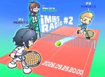  1boy 2girls akizuki_ritsuko antenna_hair ball black-framed_eyewear black_eyes black_hair blue_eyes brown_hair chibi chibi_only commentary full_body glasses highres holding holding_racket holding_tennis_racket idolmaster idolmaster_(classic) idolmaster_side-m ijuuin_hokuto kikuchi_makoto looking_at_another multiple_girls open_mouth pixel_text playing_sports racket semi-rimless_eyewear short_hair shorts skirt soulkitchen_19 sportswear tennis tennis_ball tennis_court tennis_net tennis_racket tennis_uniform umpire_chair under-rim_eyewear 