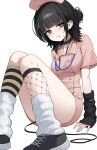  1girl absurdres astrae_oratio asymmetrical_legwear black_collar black_hair black_shoes breasts brown_eyes collar commentary dang_geun23283 dress ear_piercing fishnet_socks fishnets haibara_nono hair_between_eyes hair_bun hand_warmer hat highres looking_at_viewer loose_socks medium_breasts medium_hair mismatched_legwear nurse nurse_cap parted_lips piercing pink_dress shoes short_sleeves simple_background single_hair_bun sitting sneakers socks solo striped_clothes striped_socks sweatdrop teeth untranslatable_commentary white_background white_socks 