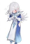  1girl blue_dress blush brown_eyes clothing_cutout commentary dress duel_monster embarrassed english_commentary gloves highres hip_vent hunya1234 index_fingers_together long_hair one_eye_covered print_tabard silent_magician simple_background solo tabard white_background white_gloves white_hair white_tabard yu-gi-oh! 