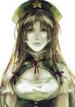  alternate_costume bad_id bad_pixiv_id beret braid breasts cleavage cocoons faux_traditional_media hat hong_meiling lips long_hair medium_breasts realistic sad side_braid simple_background solo tears touhou twin_braids upper_body 