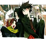  2boys bad_id bad_pixiv_id black_hair blush dknj glasses highschool_of_the_dead hirano_kouta_(hsotd) komuro_takashi maresato_alice mole multiple_boys red_hair school_uniform 