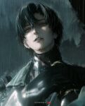  2boys absurdres artist_name black_gloves black_hair commentary gloves grey_eyes hair_between_eyes heterochromia highres holding_another's_arm jingran_(wuthering_waves) jvn male_focus multiple_boys muyu_(wuthering_waves) outdoors parted_lips pov pov_hands rain red_eyes short_hair solo_focus storm strangling upper_body wuthering_waves 