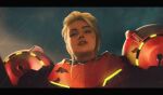  1girl armor blonde_hair blue_eyes bodysuit commentary english_commentary glowing_armor hair_slicked_back highres lem lipstick makeup metroid metroid_prime_1 multicolored_armor power_armor power_suit_(metroid) red_lips samus_aran science_fiction solo upper_body 