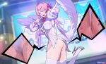  1girl absurdres anus anus_peek ass blush breasts bright_pupils commentary_request crotch_focus dress english_commentary feathered_wings hair_intakes highres large_breasts medium_hair mixed-language_commentary panties pink_eyes pink_hair pointy_ears purple_eyes remielle_dan smile solo thighhighs thighs tony_maverick underwear wet wet_clothes wet_panties white_dress white_panties white_wings wings zenless_zone_zero 
