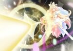  1girl absurdres alt_text antenna_hair arcana_star_shine blonde_hair bow brooch capelet commentary_request cure_arcana dress energy_beam firing firing_at_viewer frilled_capelet frilled_cuffs frills gradient_hair hair_intakes heart heart_brooch highres jewelry long_hair looking_at_viewer magical_girl meitantei_precure! moria_luluka multicolored_hair open_mouth precure revaspa_picture shine_arcana_rod veil very_long_hair white_capelet white_dress white_veil winged_gloves winged_heart wrist_cuffs 