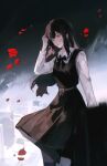  1girl absurdres belt black_hair black_ribbon chainsaw_man cityscape collared_shirt commentary cross_scar dark_background dress dress_shirt hand_in_own_hair highres lips long_shirt long_sleeves neck_ribbon petals pinafore_dress red_eyes red_petals ribbon ringed_eyes scar scar_on_cheek scar_on_face scar_on_nose shirt skirt sleeveless sleeveless_dress suspender_skirt suspenders white_shirt winterrlark yoru_(chainsaw_man) 