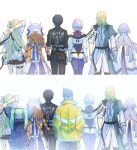  3boys 6+girls absurdres arms_up black_hair black_jacket blonde_hair blue_hair coat commentary_request crossover cyberpunk:_edgerunners cyberpunk:_edgerunners_1 cyberpunk_(series) david_martinez from_behind gloves grey_hair highres jacket leotard long_hair lucy_(cyberpunk) luuk_herssen_(wuthering_waves) lynae_(wuthering_waves) male_rover_(wuthering_waves) medium_hair mohawk mornye_(wuthering_waves) multicolored_hair multiple_boys multiple_girls orange_hair purple_leotard rebecca_(cyberpunk) rover_(wuthering_waves) sigrika_(wuthering_waves) tacet_mark_(wuthering_waves) veil white_coat white_gloves white_veil wuthering_waves yellow_jacket yumegiwa_(skgl_thx) 