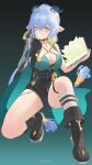  1girl absurdres animal_ears black_boots black_unitard book boots breasts cape cleavage commentary goat_ears goat_girl goat_horns green_cape highres hoavu holding holding_book horns large_breasts long_hair looking_at_viewer lucia_elowen medallion mole mole_on_arm pointy_ears simple_background solo thighs very_long_hair yellow_eyes zenless_zone_zero 