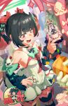  2girls 666hidemoonbird absurdres aria_(robot)_(zenless_zone_zero) aria_(zenless_zone_zero) arm_warmers asymmetrical_bangs bag bare_shoulders birthday_cake black_choker black_hair bow cake choker colored_inner_hair commentary_request earrings fake_facial_hair fake_mustache food green_bow green_eyes green_hair green_halo hair_bow hair_ornament halo hand_on_own_hip happy happy_birthday highres holding holding_cake holding_food jewelry looking_at_viewer multicolored_hair multiple_girls musical_note_earrings nangong_yu necktie open_mouth pink_arm_warmers pink_bag pink_hair red_eyes red_nails red_necktie shirt smile star-shaped_eyewear star_(symbol) striped_arm_warmers sunna_(zenless_zone_zero) teeth twintails upper_teeth_only white_shirt white_wings wings zenless_zone_zero 