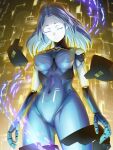  1girl absurdres android artist_name blue_bodysuit blue_hair bodysuit breasts breasts_apart closed_eyes closed_mouth colored_inner_hair commentary_request commission covered_groin covered_navel cowboy_shot dated floating_hair grey_hair highres impossible_bodysuit impossible_clothes joints large_breasts mechanical_arms mechanical_hands medium_hair multicolored_hair open_hands original parted_bangs robot_joints saran_wrap_(sf_seijin) science_fiction short_eyebrows skeb_commission skin_seams solo two-tone_hair 